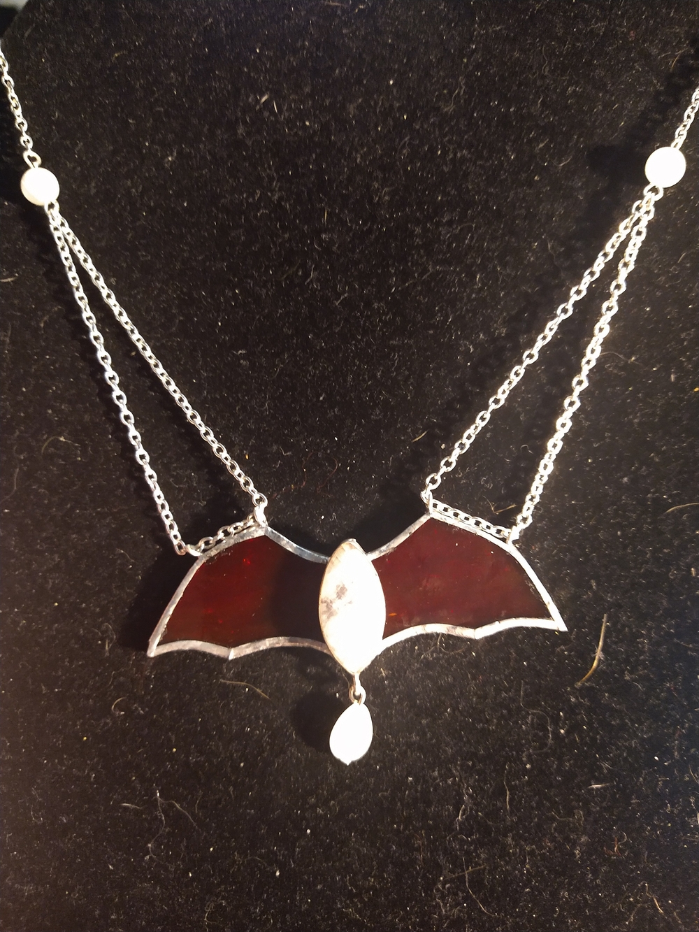 Stained Glass Bat Pendant Necklace in Deep Red, Genuine Moonstone